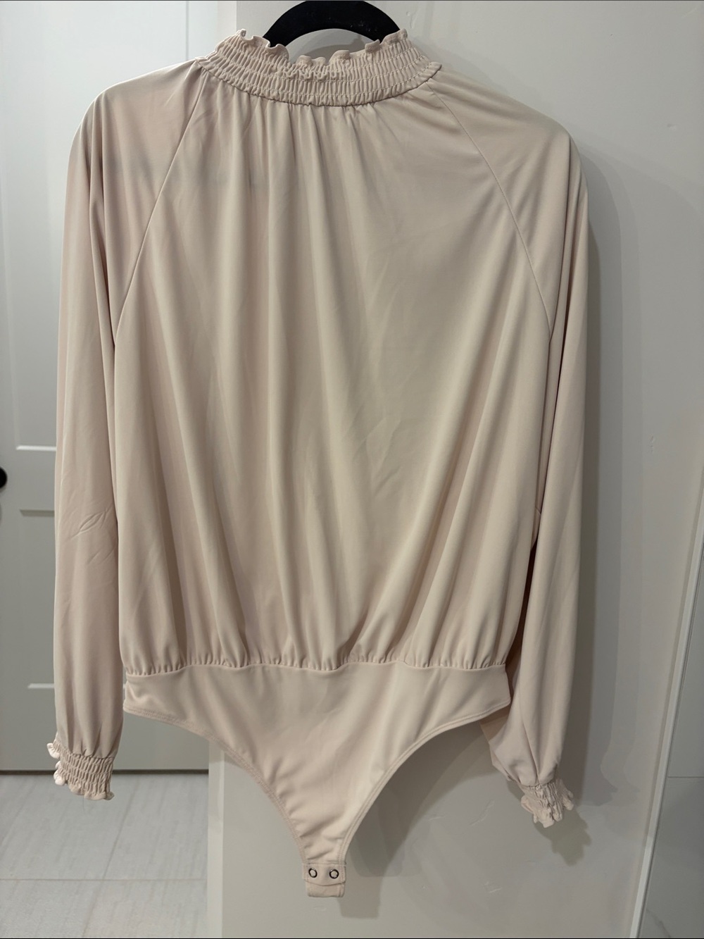 Express Long-Sleeve Smocked-Neck Bodysuit in Light Beige